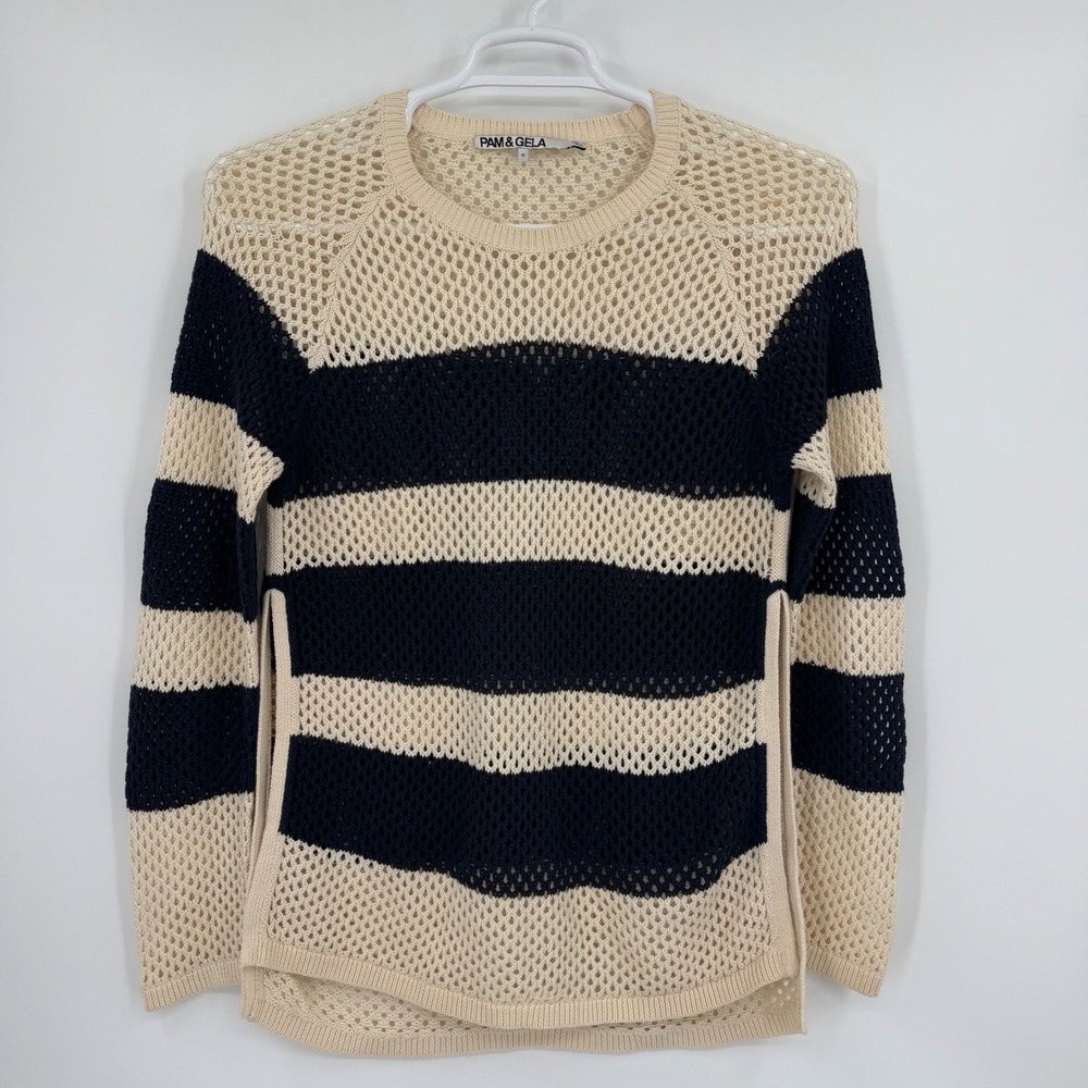 Pam & Gela Striped Open Knit Cotton Sweater Navy Blue Cream Small Side Slit